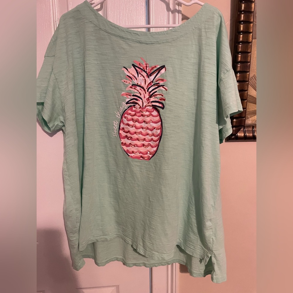 Kim Rogers 1X Shirt Mint Green Pineapple. Like New